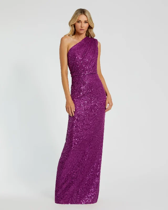 Sheer maxi dresses with lace overlays for a romantic touchDark Purple Sequined Ruched One Shoulder Gown