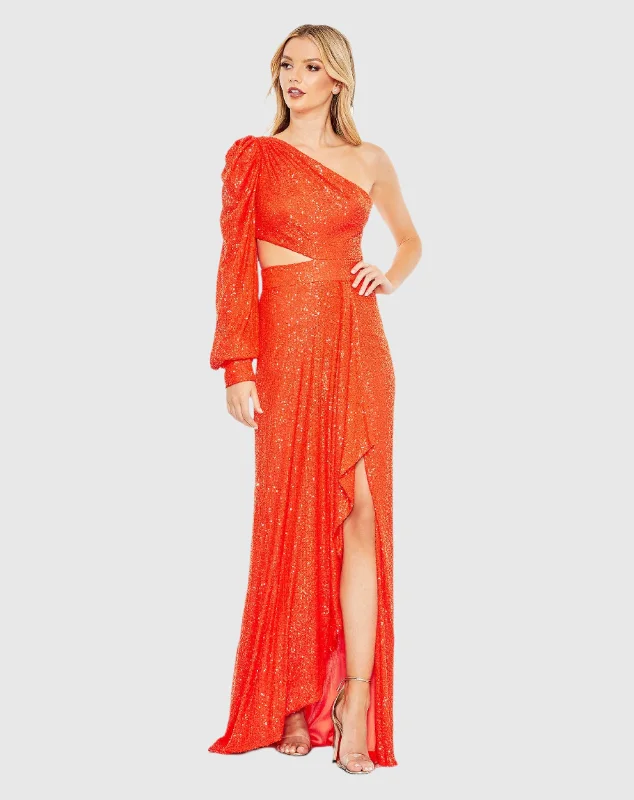 Maxi dresses with cold - shoulder cutouts for a trendy lookOrange Sequined One Shoulder Cut Out Gown