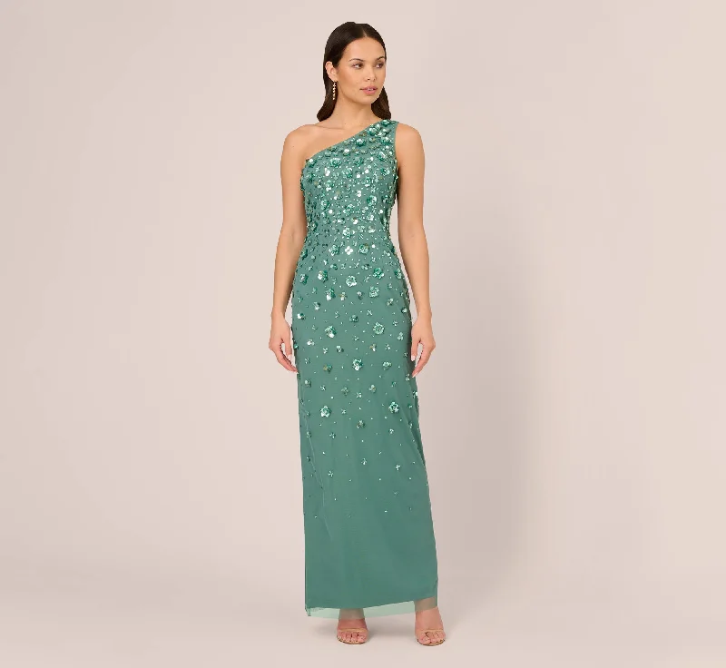 Metallic maxi dresses for a glamorous New Year's Eve party3D Floral Hand-Beaded One-Shoulder Long Column Gown In Green Slate