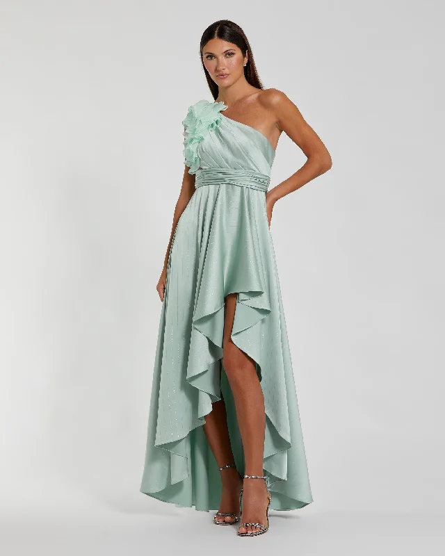 Maxi dresses with beaded embellishments for a fancy and luxurious eventBlue Ruffled One Shoulder Cut Out Hi-Low Gown