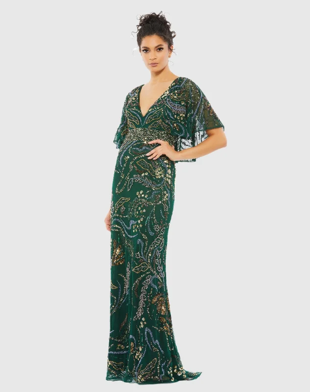 Maxi dresses with beaded embellishments for a fancy and luxurious eventEmbellished V Neck Cape Sleeve Column Gown