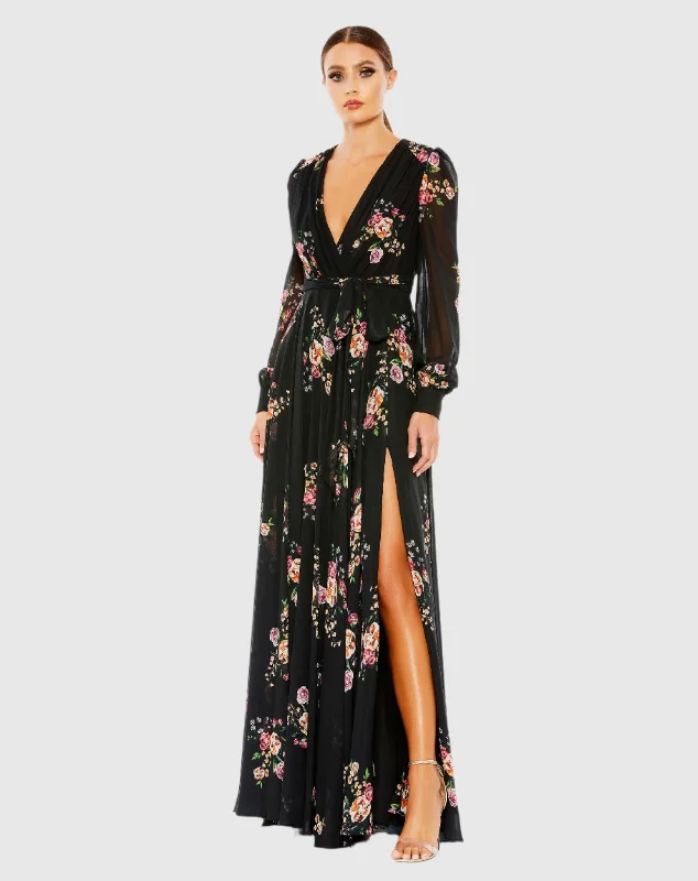 Maxi dresses with a V - neckline for a flattering and elongating shapeBelted Floral Print Illusion Long Sleeve Gown