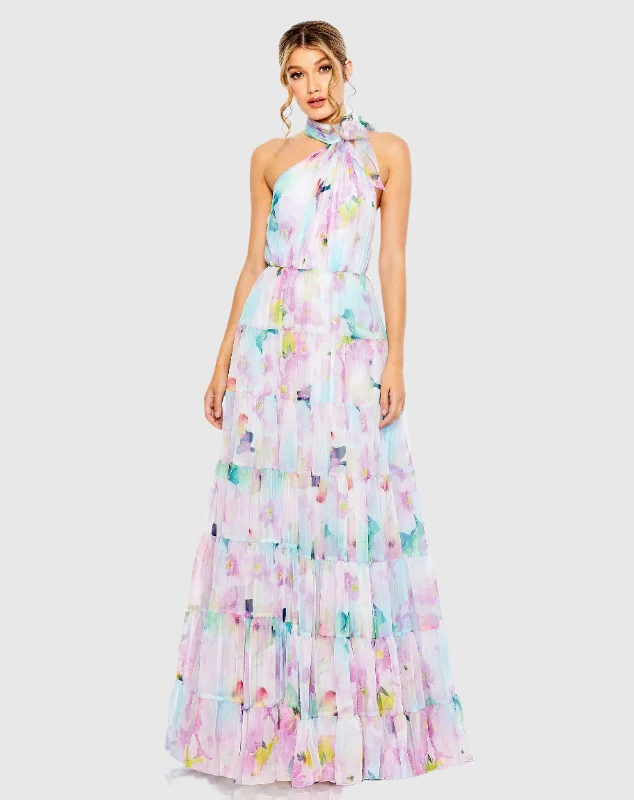 Maxi dresses with a halter neck for a stylish and sophisticated choiceFloral Print Asymmetrical Halter Neck Tiered Gown