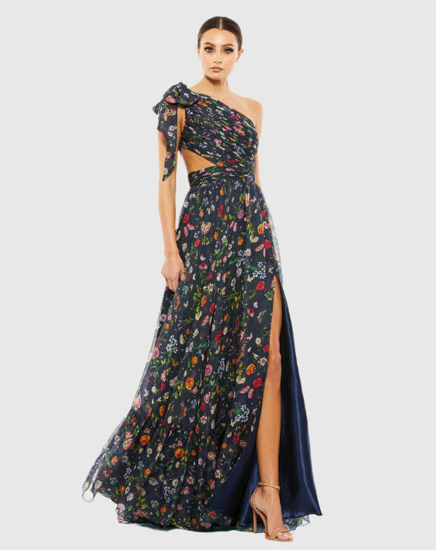 Maxi dresses with a ruffled neckline for a charming lookTied One Shoulder Cut-Out Flowy Gown