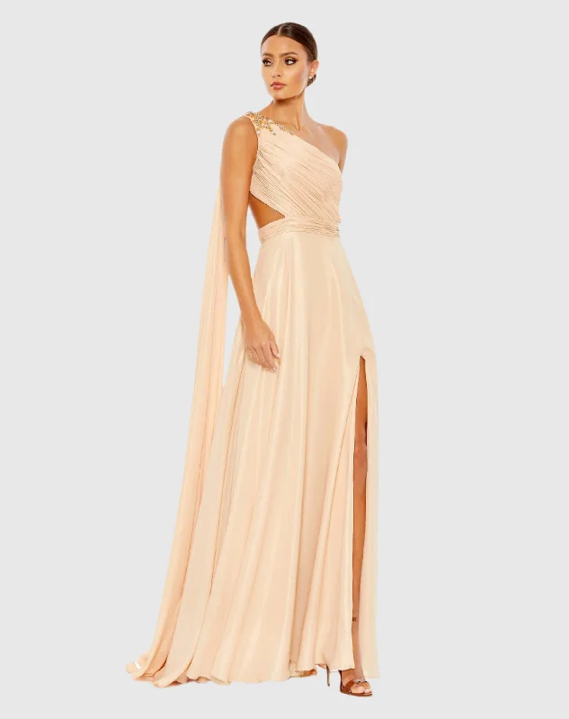 Maxi dresses with a pleated skirt for a timeless and elegant appearanceOne Shoulder Open Back Flowy Gown