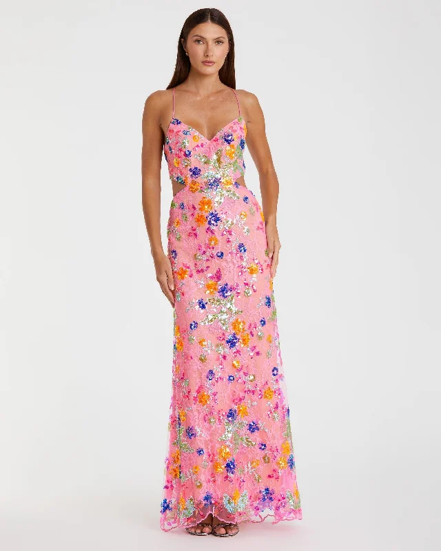 Maxi dresses with cut - out details on the sides for a modern edgeEmbellished Lace Strappy Column Gown