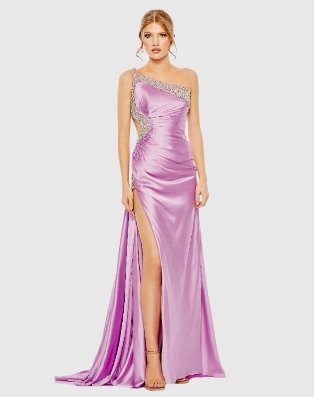 Sheer maxi dresses with lace overlays for a romantic touchRuched One Shoulder Side Cutout Embellished Satin Gown