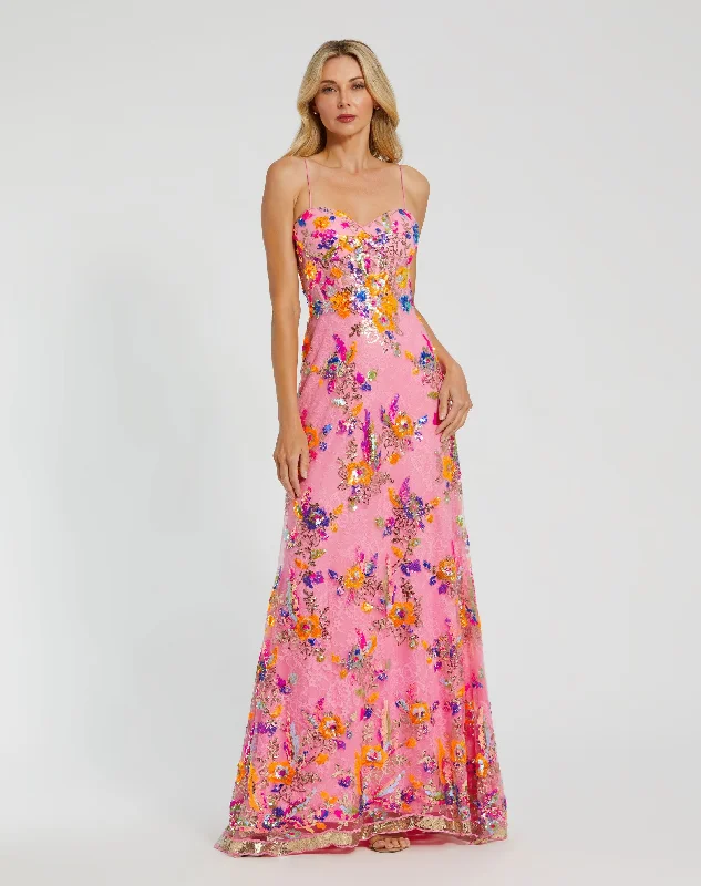 Sequined maxi dresses for formal evening galasFloral Sequin Lace Gown with Sweetheart Neckline