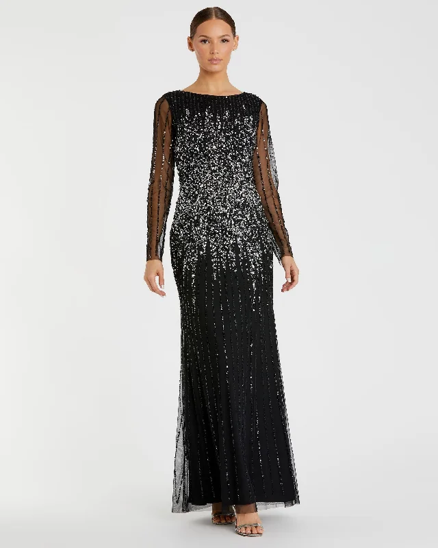 Maxi dresses with geometric prints for a contemporary aestheticHigh Neck Sequin Embellished Long Sleeve A Line Gown