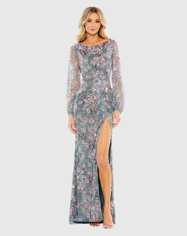 Maxi dresses with embroidered floral motifs for a unique designEmbellished Illusion Long Sleeve Faux Wrap Gown