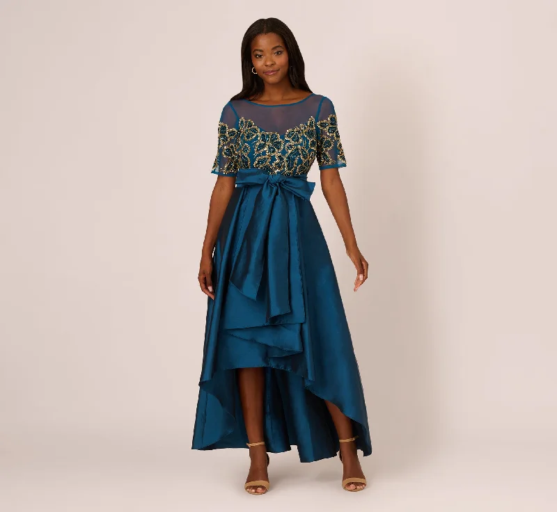 Maxi dresses with a criss - cross back for a flirty and unique detailBead Taffeta High Low Long Dress In Teal Sapphire Gold