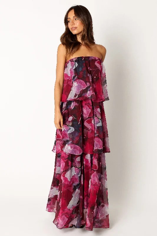 Denim maxi dresses with frayed hems for a casual lookBloom Strapless Maxi Dress - Purple Floral