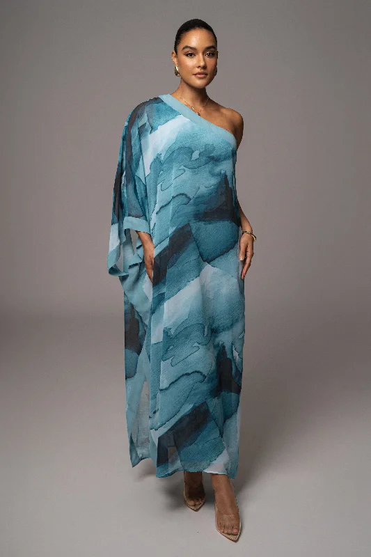 Maxi dresses with bow accents at the waist for a sweet appearanceBlue Abstract Mariel One Shoulder Maxi Dress