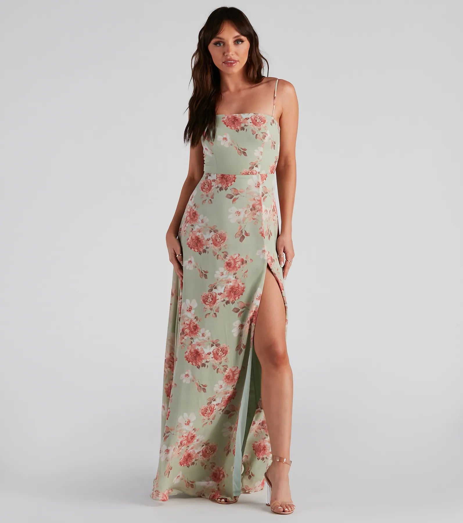 Ruffled maxi dresses with a tiered skirt for added volumeBretly Formal Floral Chiffon Dress