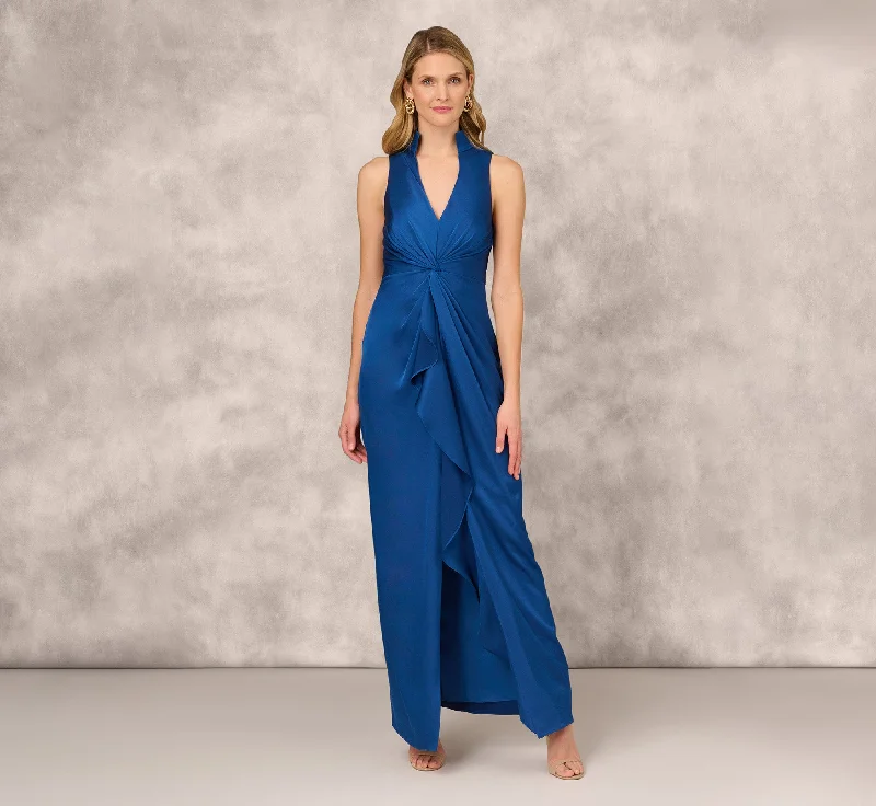 Maxi dresses with ribbed textures for a unique and tactile lookCrepe Back Satin Sleeveless Gown With Ruffle Accent In Deep Ocean