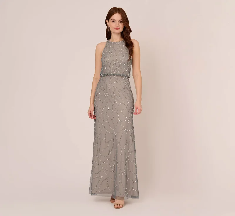 Denim maxi dresses with frayed hems for a casual lookDeco Floral Beaded Blouson Gown With Halter Neckline In Pewter Silver