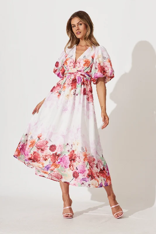 Linen maxi dresses for a breathable and lightweight summer optionDivine Maxi Dress In White With Pink Multi Floral Print