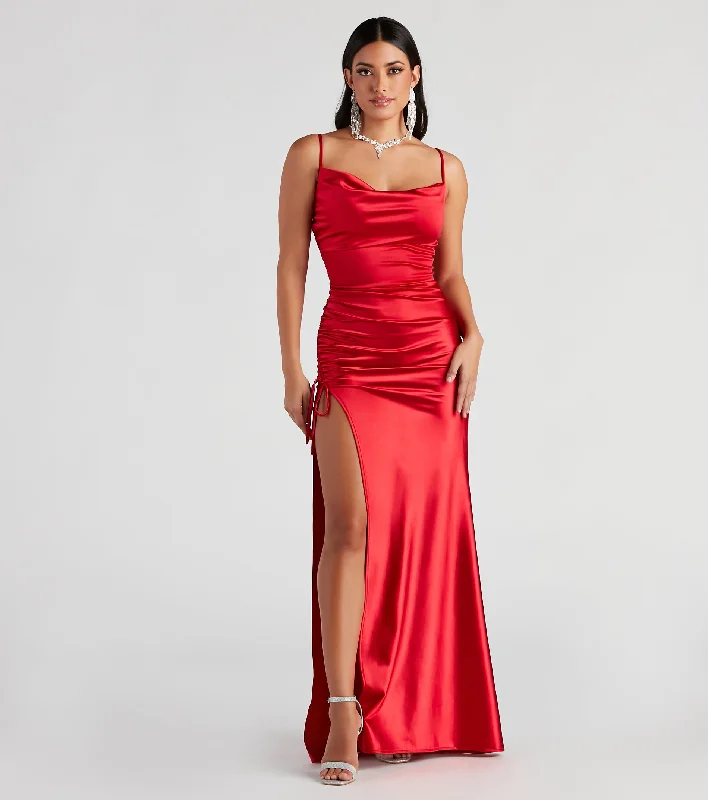 Satin maxi dresses with a high - low hem for a modern twistDrea Formal High Slit Ruched Dress