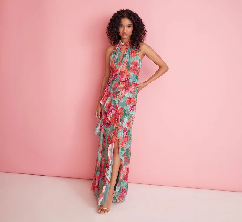 Maxi dresses with ribbed textures for a unique and tactile lookFloral Printed Halter Mermaid Gown With Ruffle Details In Turquoise Multi