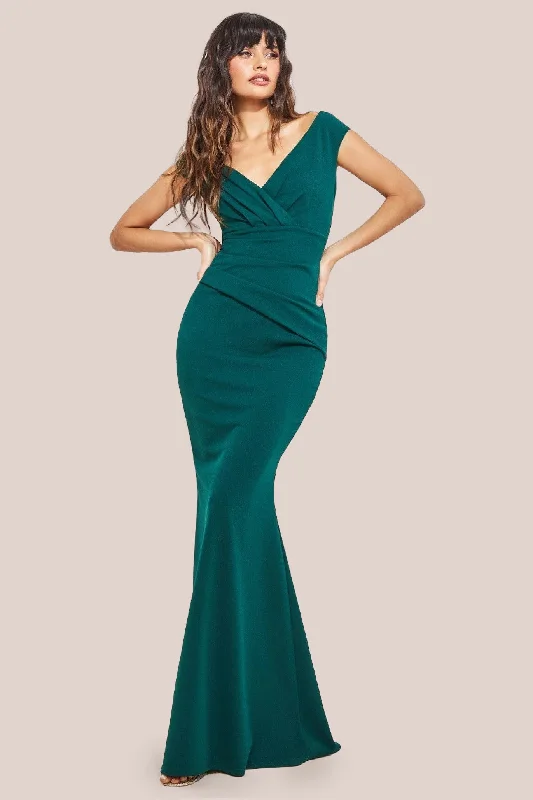 Animal print maxi dresses for a statement - making outfitGoddiva Bardot Pleated Maxi Dress - Emerald Green