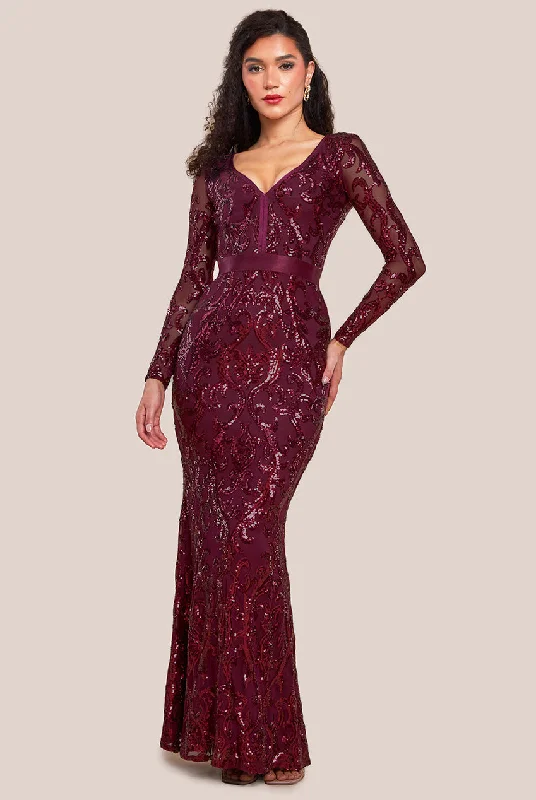 Maxi dresses with a keyhole back for a sexy detailGoddiva Embroidered Sequin & Mesh Maxi Dress - Burgundy