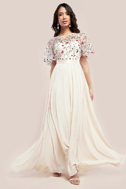 Ruffled maxi dresses with a tiered skirt for added volumeGoddiva Embroidered Top Flutter Sleeve Maxi - Ivory