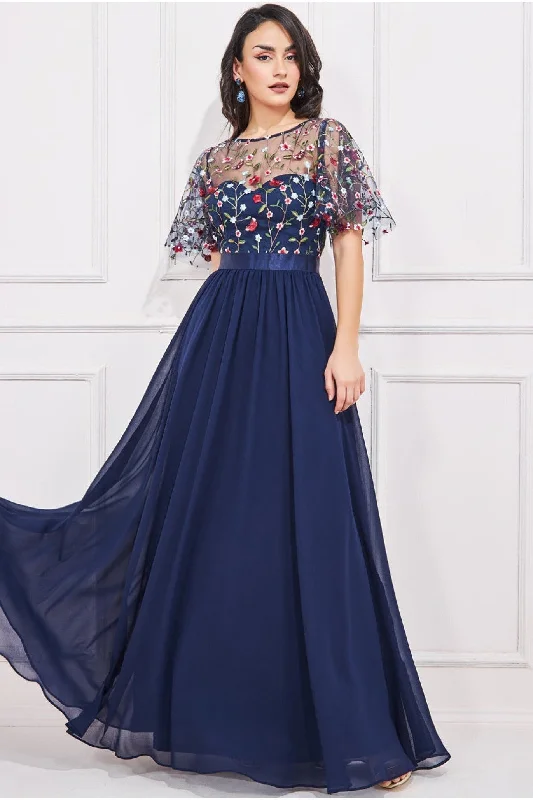 Satin maxi dresses with a high - low hem for a modern twistGoddiva Embroidered Top Flutter Sleeve Maxi - Navy