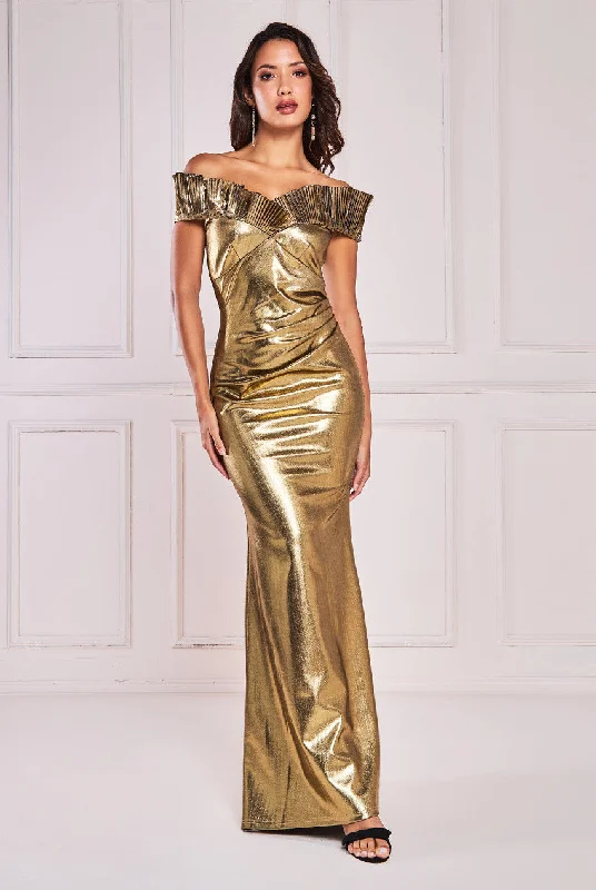 Strapless maxi dresses for a beachside vacationGoddiva Fan Pleated Bardot Scuba Crepe Maxi - Gold