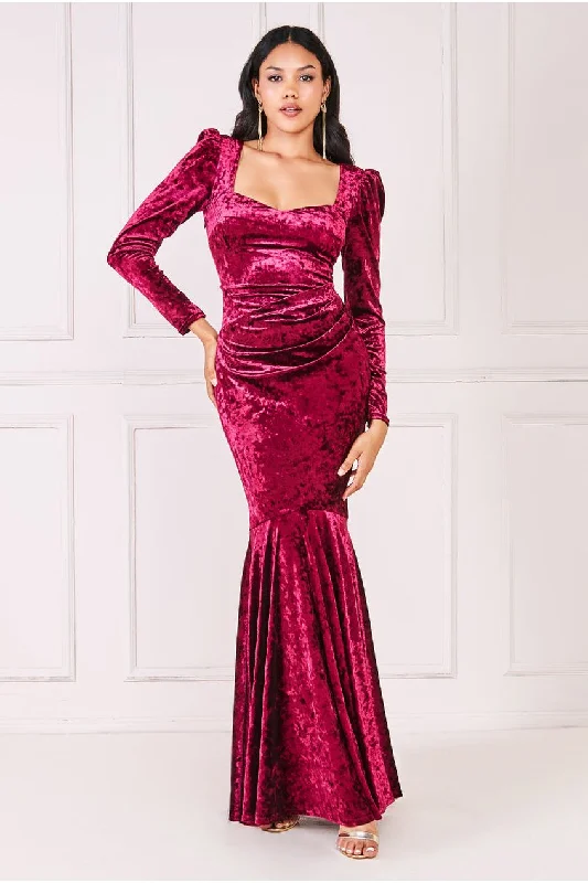 Velvet maxi dresses with long sleeves for winter weddingsGoddiva Flared Hem Ice Velvet Maxi - Burgundy