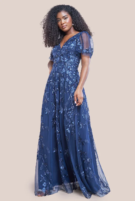 Maxi dresses with thin spaghetti straps for a delicate and feminine feelGoddiva Flared Sleeve Embroidered Maxi Dress - Navy