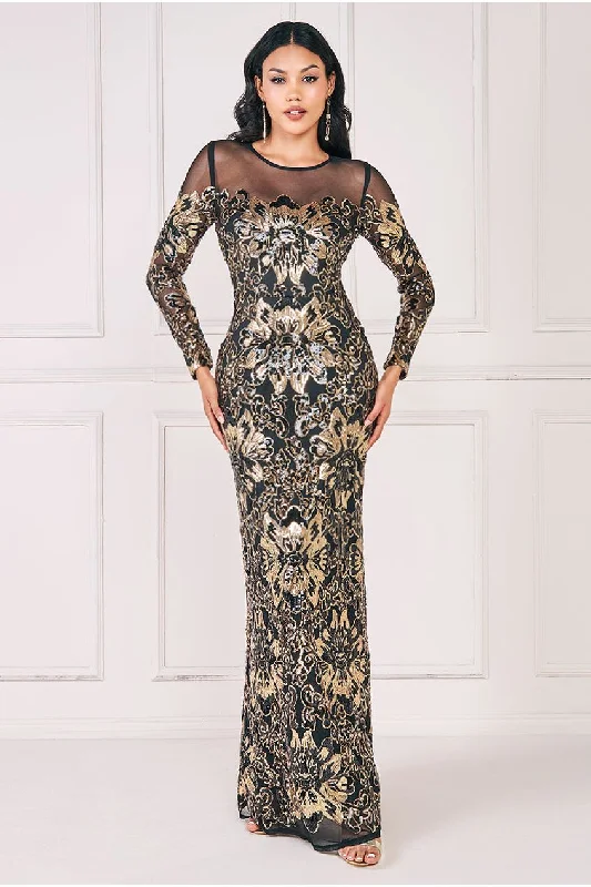 Maxi dresses with a wrap - around style for a customizable fitGoddiva Floral Sequin Mesh Maxi - Gold