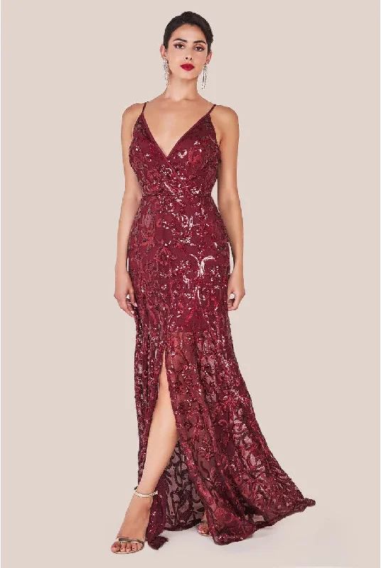 Leather maxi dresses for an edgy and bold appearanceGoddiva Iridescent Sequin Maxi With Front Split - Burgundy