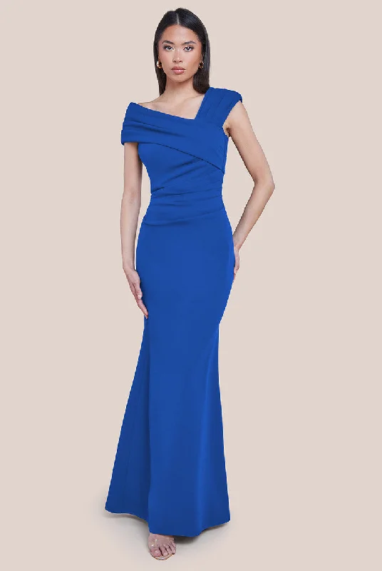 Maxi dresses with cold - shoulder cutouts for a trendy lookGoddiva One Shoulder Evening Maxi Dress - Royal Blue