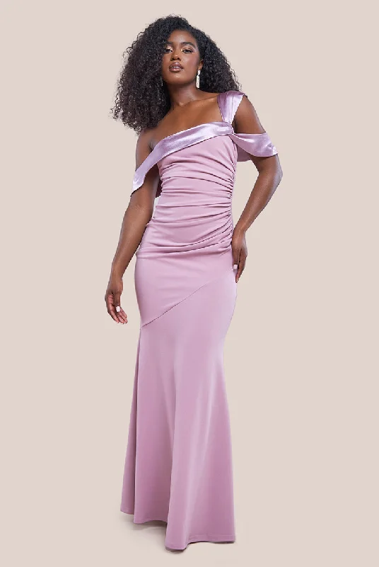 Maxi dresses with a ruched bodice for a more form - fitting and feminine shapeGoddiva One Shoulder Satin Band Maxi Dress - Rose Pink