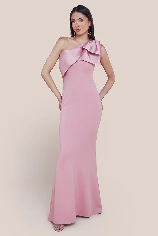 Maxi dresses with balloon sleeves for a vintage - inspired styleGoddiva One Shoulder Satin Bow Scuba Crepe Maxi Dress - Blush