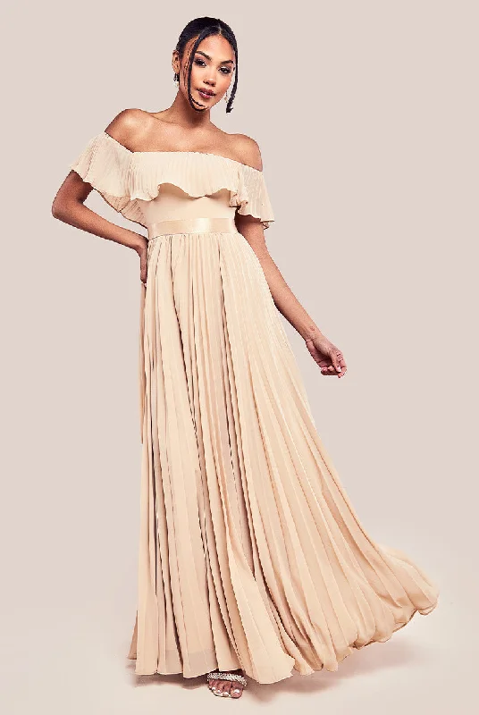 Maxi dresses with tassel accents for a fun and lively touchGoddiva Pleated Chiffon Off Shoulder Maxi Dress - Beige