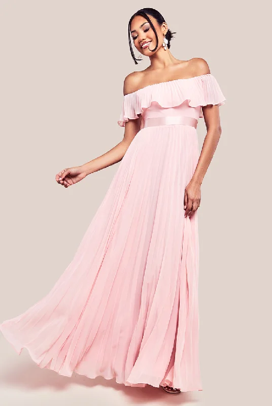 Maxi dresses with a paisley print for a classic and elegant styleGoddiva Pleated Chiffon Off Shoulder Maxi Dress - Blush