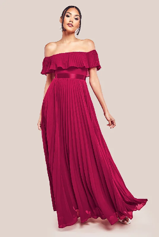 Maxi dresses with fringe trim for a bohemian vibeGoddiva Pleated Chiffon Off Shoulder Maxi Dress - Burgundy