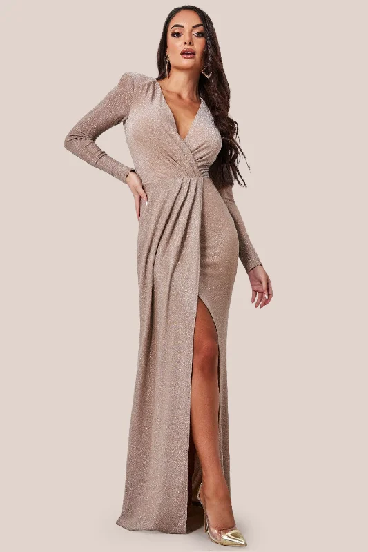 Maxi dresses with pocket details for added functionalityGoddiva Plunge Neck Wrap Front Split Lurex Maxi Dress - Nude