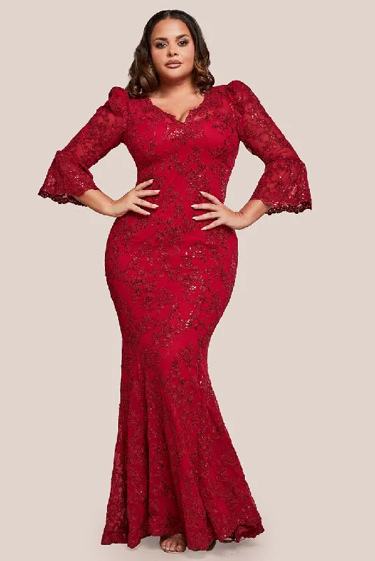 Maxi dresses with a wrap - around style for a customizable fitGoddiva Plus Scalloped Lace Maxi Dress - Red