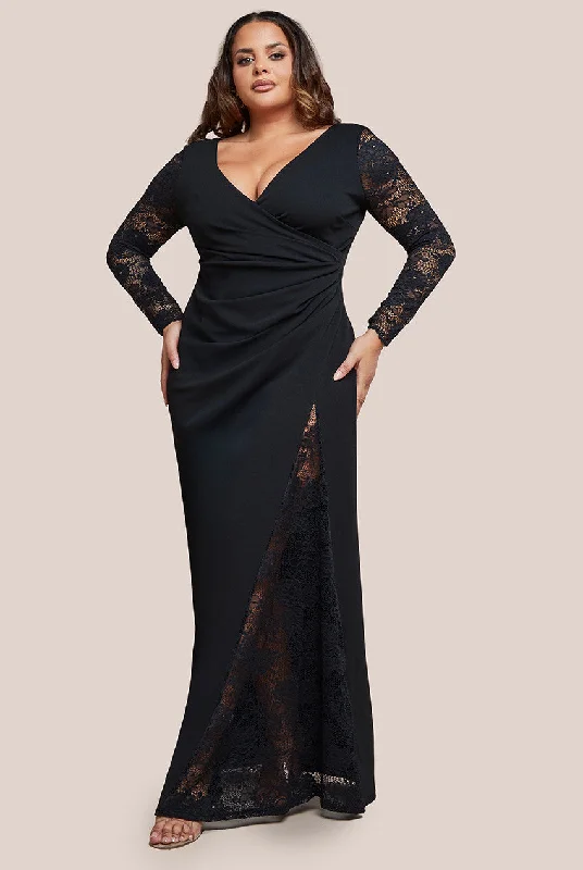 Maxi dresses with polka dot prints for a playful styleGoddiva Plus Scuba & Lace Wrap Maxi Dress - Black