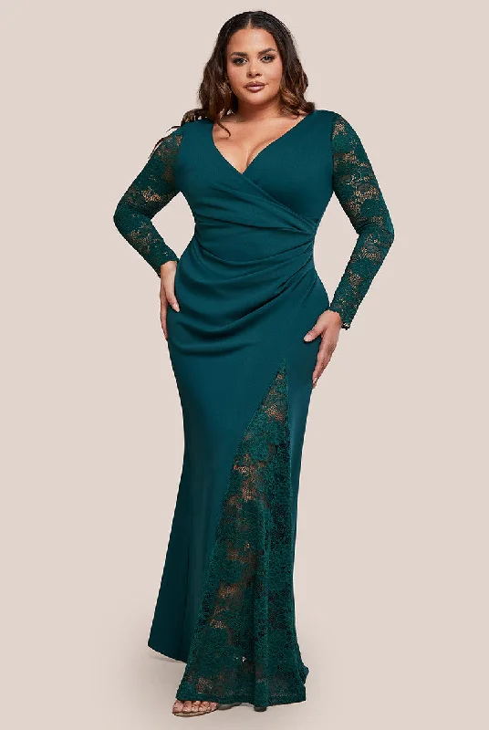 Maxi dresses with off - the - shoulder styles for a romantic and breezy lookGoddiva Plus Scuba & Lace Wrap Maxi Dress - Emerald