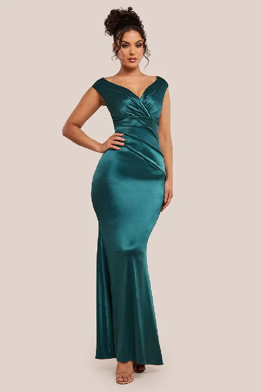 Maxi dresses with an asymmetric hem for a fashion - forward and eye - catching designGoddiva Satin Off The Shoulder Maxi Dress - Emerald Green