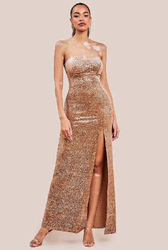 Maxi dresses with one - shoulder designs for a stylish and asymmetric lookGoddiva Sequin Velvet Bandeau Maxi Dress - Champagne