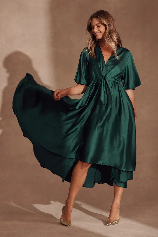 Ruffled maxi dresses with a tiered skirt for added volumeHelsinki Maxi Dress In Emerald Green Satin