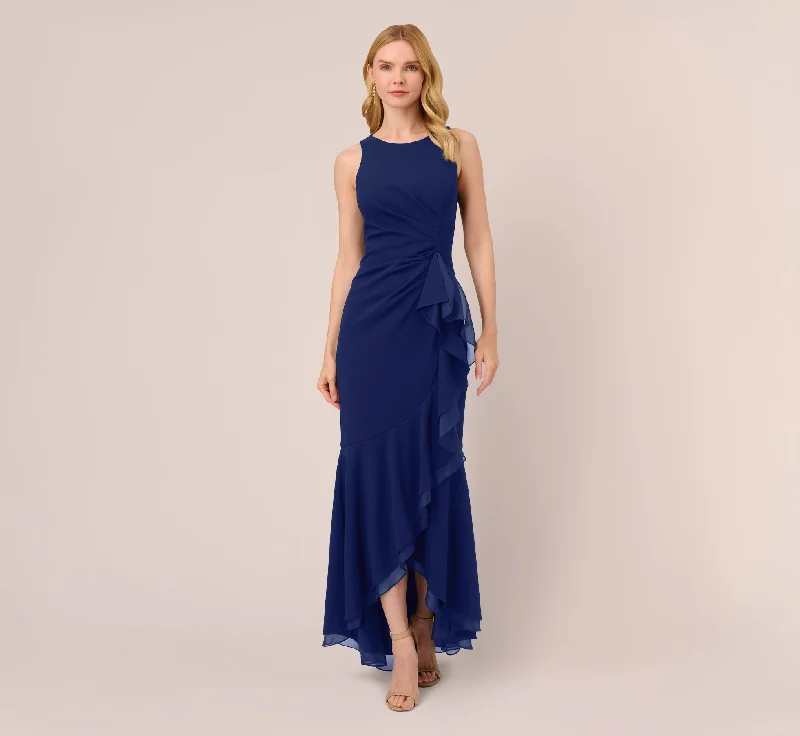 Maxi dresses with one - shoulder designs for a stylish and asymmetric lookHigh Low Crepe Halter Gown With Organza Draping In Navy Sateen