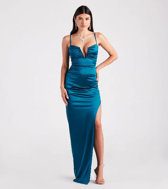 Sequined maxi dresses for formal evening galasJessa Formal Satin V-Neck Slit Dress