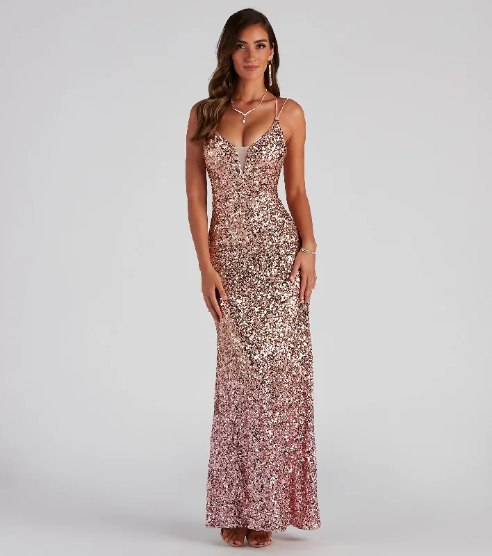 Ruffled maxi dresses with a tiered skirt for added volumeKass Formal Ombre Sequin Dress