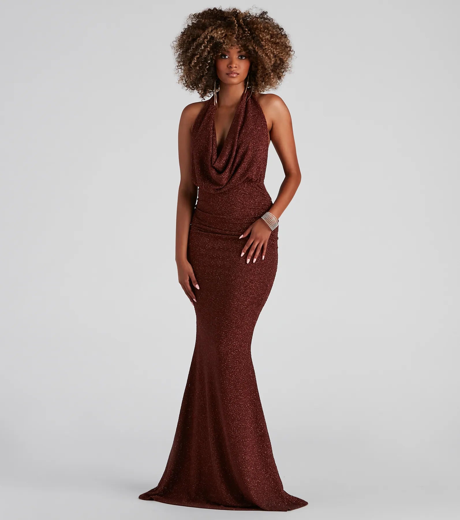 Maxi dresses with a ruffled neckline for a charming lookKesha Formal Glitter Cowl Neck Dress