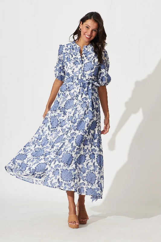 Maxi dresses with a button - down front for a classic lookLoriet Maxi Shirt Dress In Blue With White Floral Cotton Blend